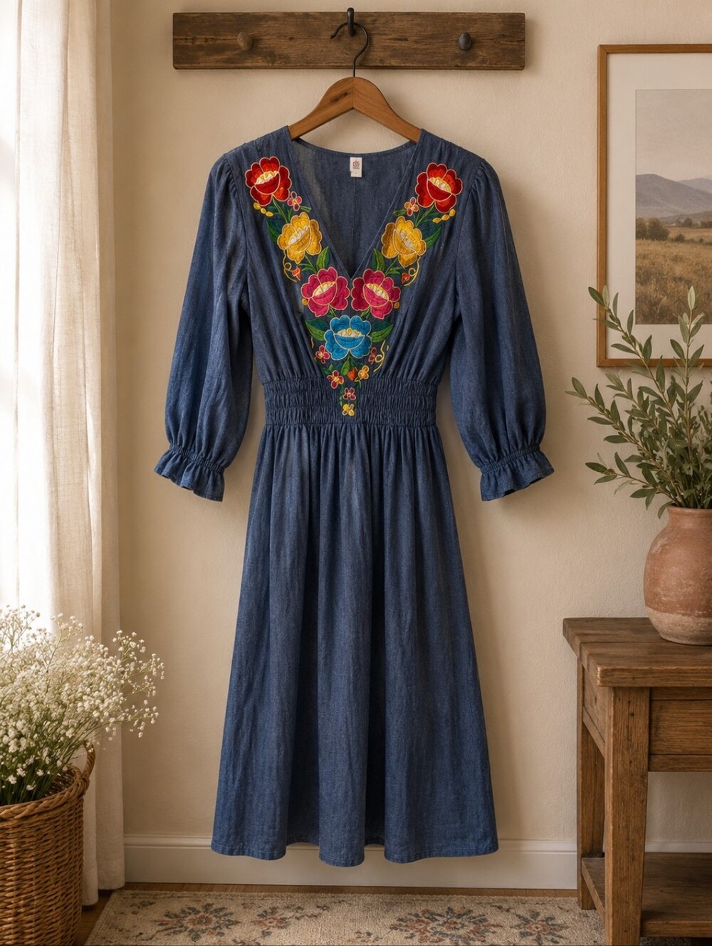 Embroidered Long Sleeve Dress - Blue